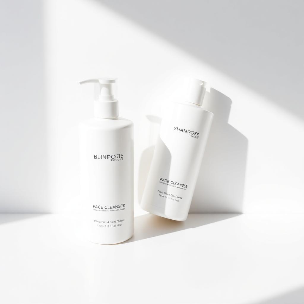 Flacone bianco di detergente viso su fondo bianco